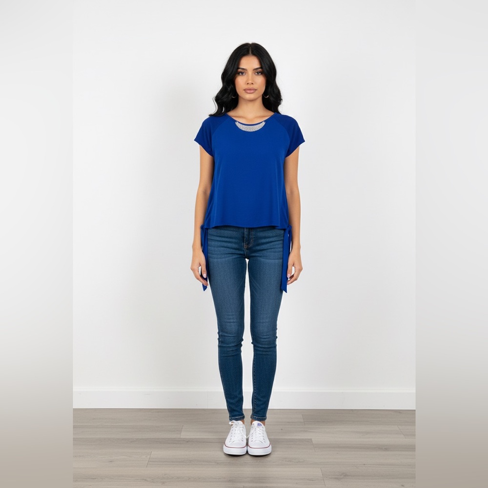 Heartsoul Royal Blue Metal Collar Neckline Tie-Waist Blouse Top Open Back L - Picture 13 of 13